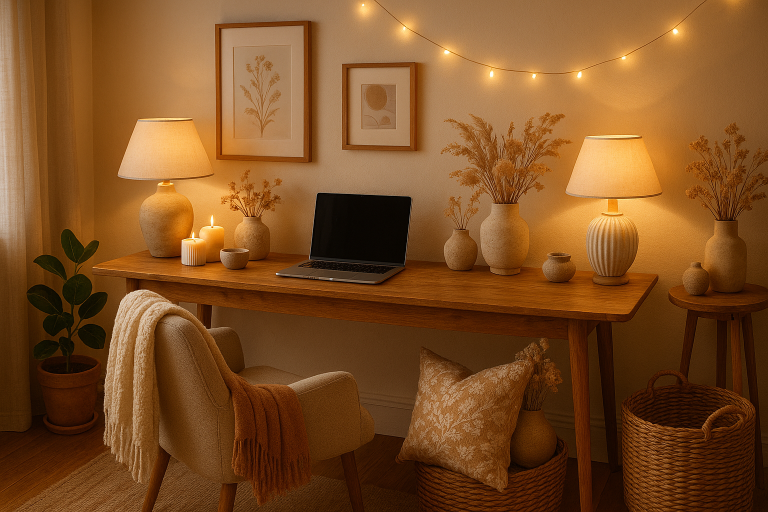bureau de travail chaleureux, tendance et décoré avec des éléments de la boutique Beau-Chez Moi.
