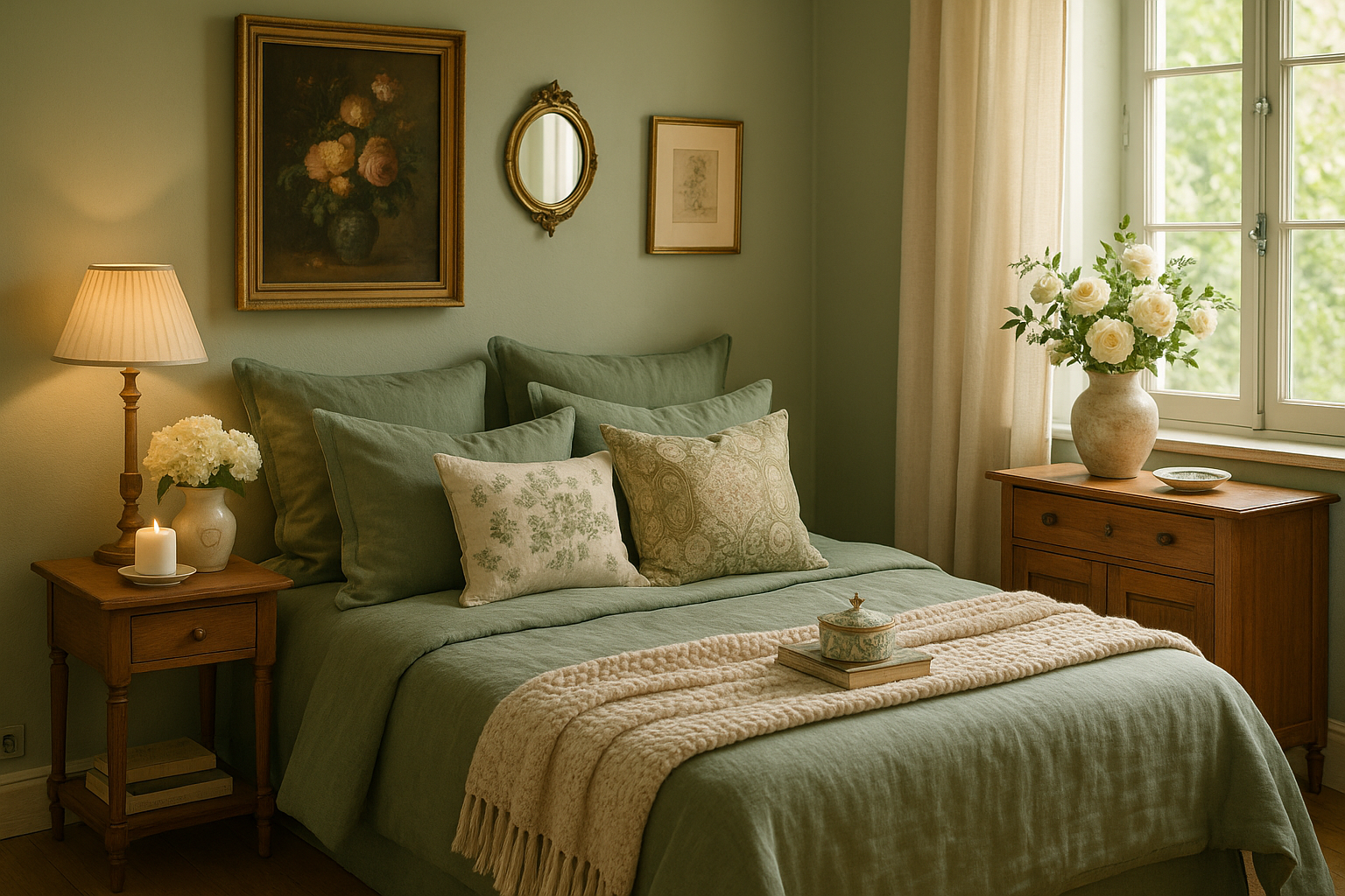 chambre à couché verte, chaleureuse et décoré avec des accesoires de la boutique Beau-Chez Moi.